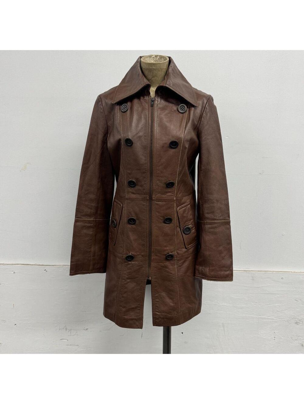 Vintage Y2K ONLY Brown Convertible Double-Breasted Leather Trench Coat - Picture 5 of 8